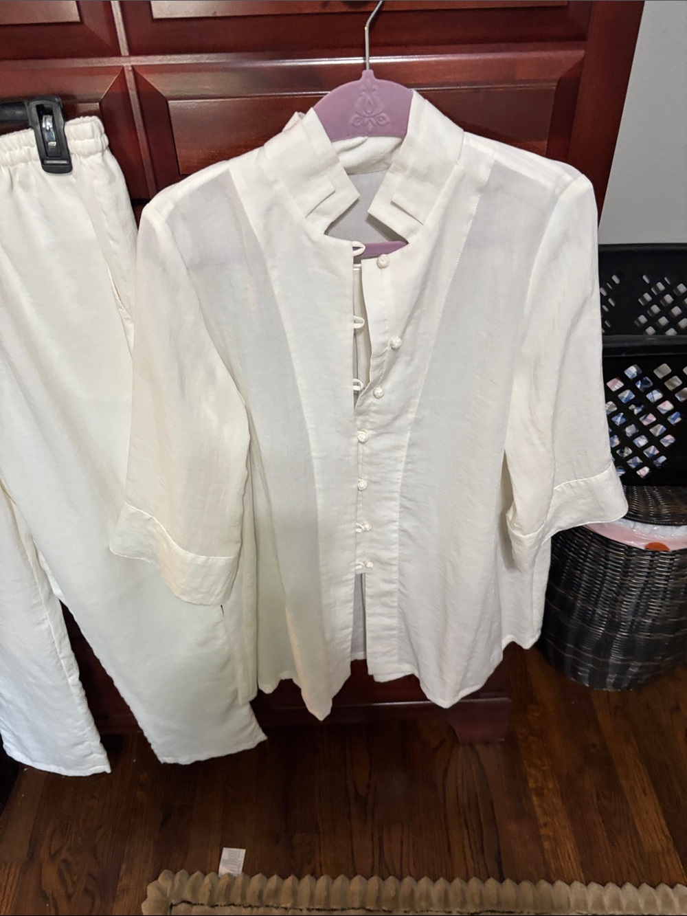 Cream Straight-Leg Pants & Button-Front Top Set